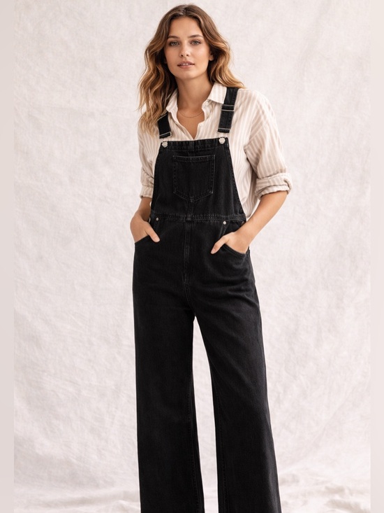 Mango Pants - Mango Wide Leg Denim Overalls Cotton Black Size Medium Excellent Condition